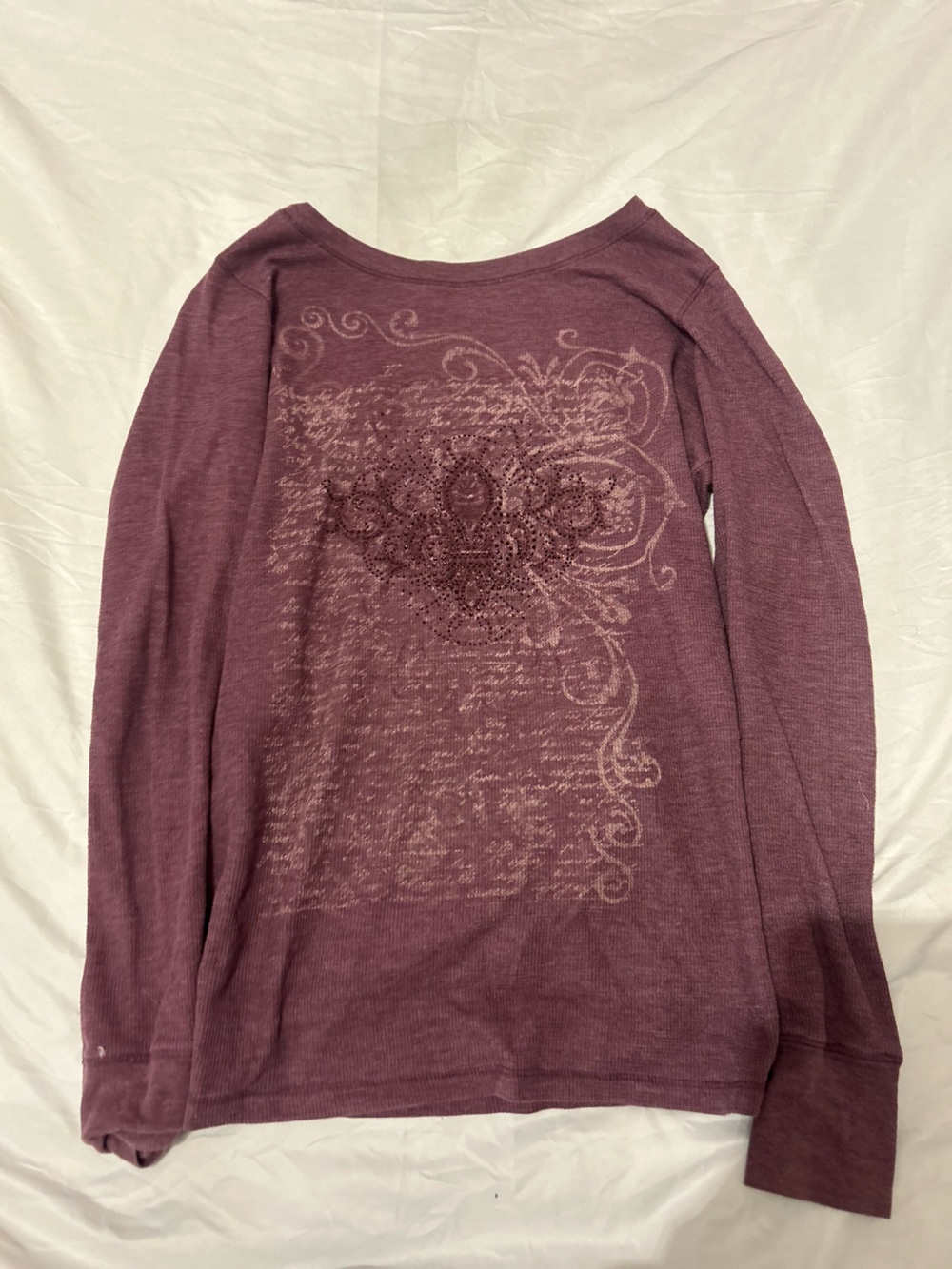 Women's Plum Long Sleeve Graphic Top with Subtle Embellishment